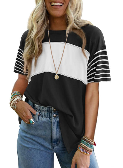 T-shirt à manches courtes rayé et color-block décontracté à col rond pour femme