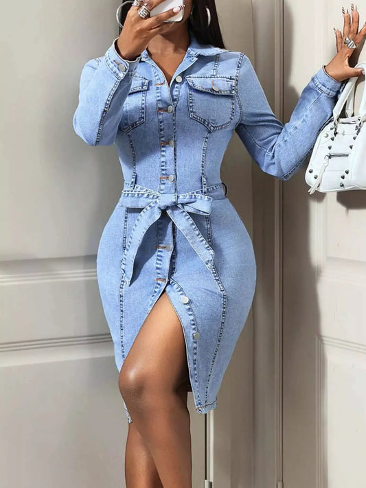 Women's button-down denim dress with tie waist and side pockets, light wash.