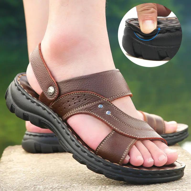 Men's brown leather sandals with adjustable back strap by AdTec for summer beach wear.