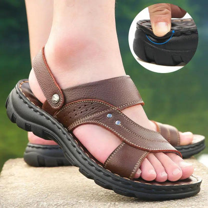 Men's brown leather sandals with adjustable back strap by AdTec for summer beach wear.