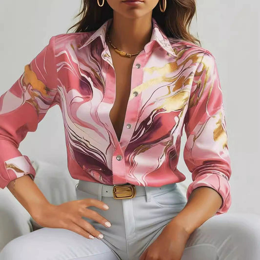 Chemise ample à manches longues et revers boutonnée printemps automne
