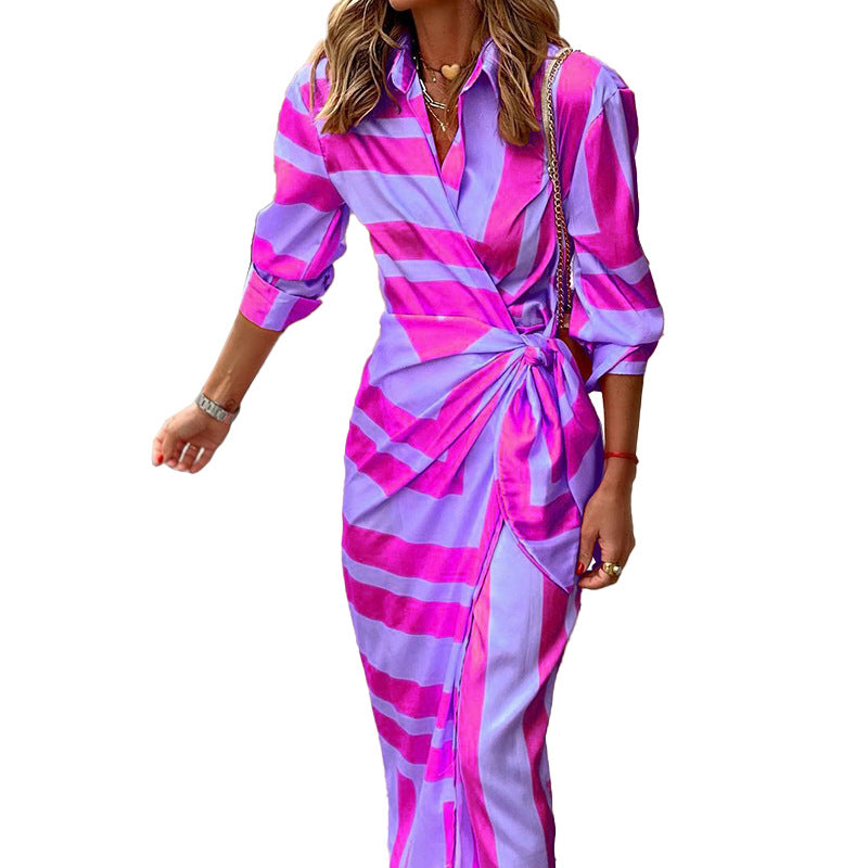Robe à rayures imprimées de style européen et américain avec cardigan à lacets