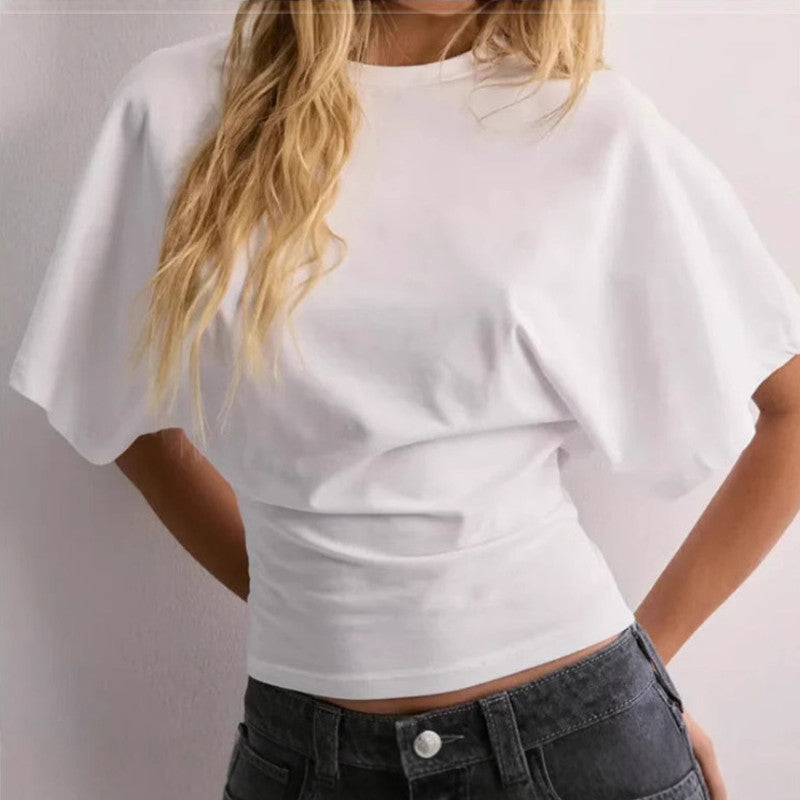 Camiseta de manga murciélago de verano con cuello redondo a la moda, top de manga corta tipo jersey para ropa de mujer