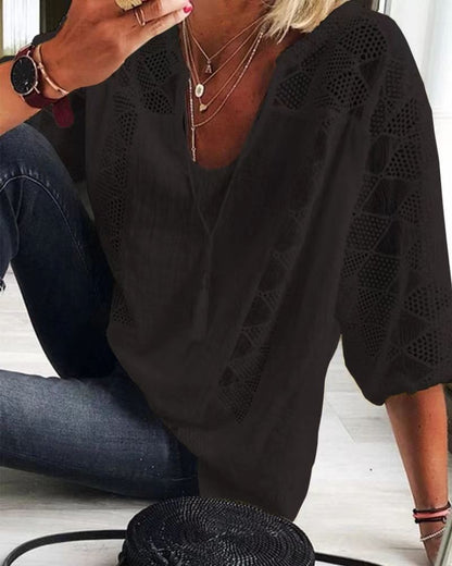 T-shirt Col U Manches 3/4 en Dentelle