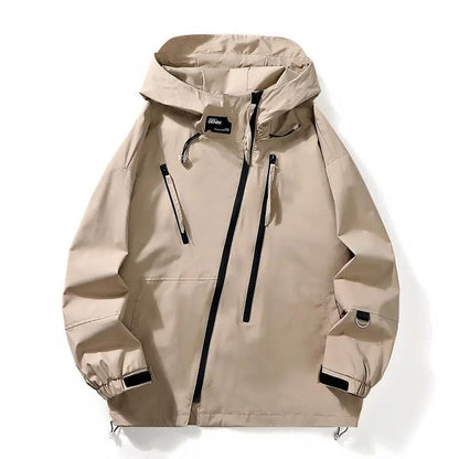 Men's beige AdTec workwear jacket with hood, front zip and chest zip pockets