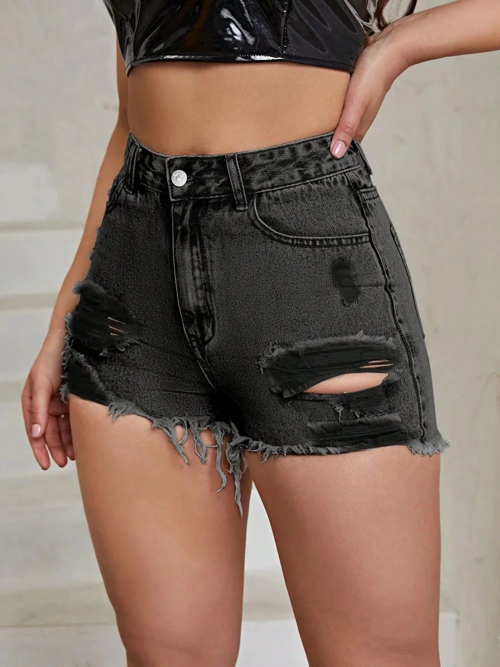 Distressed Raw Hem High Rise Denim Shorts by eprolo