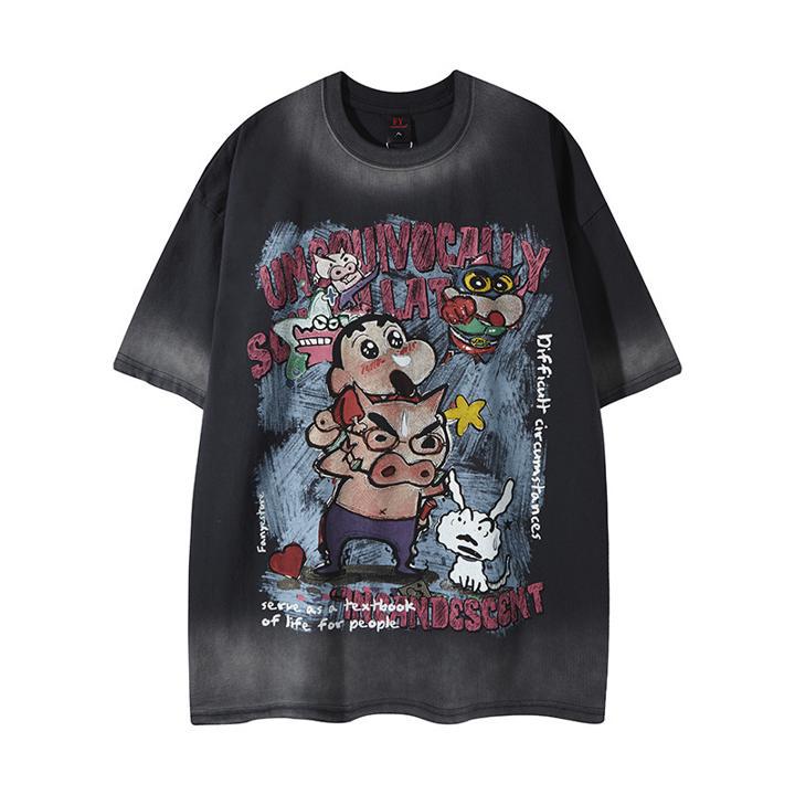 Gradient spray painted cartoon short sleeved T-shirt