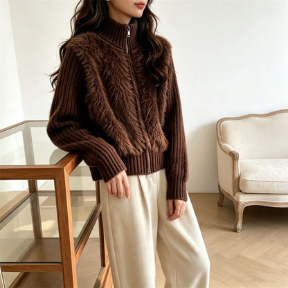 Stand up collar cardigan, double zipper long sleeved sweater