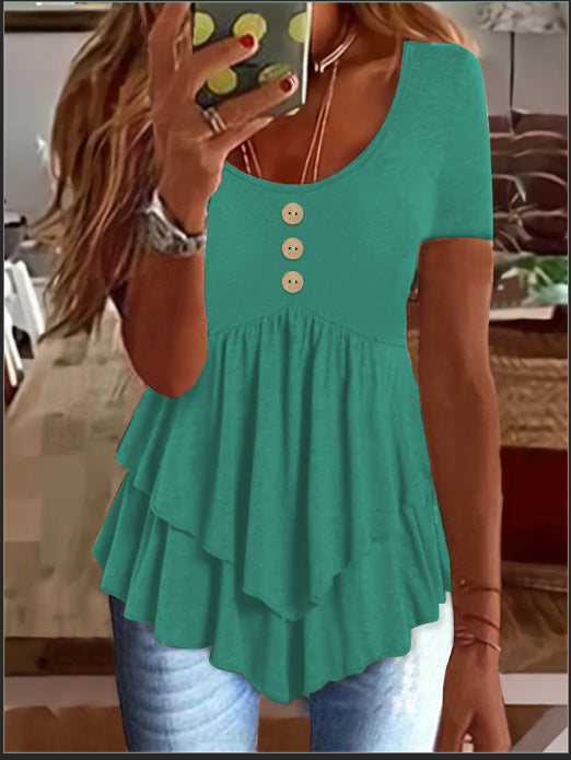 Moda de manga corta, color liso, tres botones, estilo casual