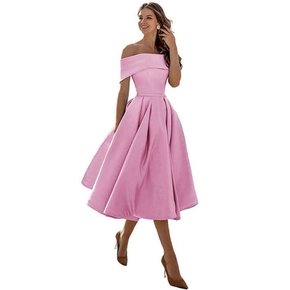 Robe de Soirée Formelle en Satin pour Femme sans Bretelles, Coupe Décontractée, Longueur Thé, Épaules Dénudées, avec Poches