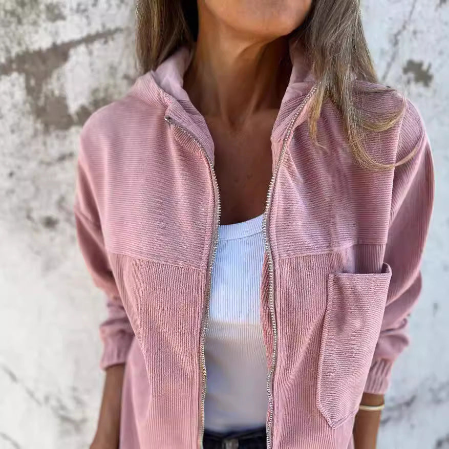 Chaqueta con capucha de pana lisa sencilla para mujer
