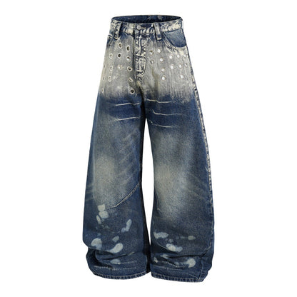 Color blocked white denim curved knife pants