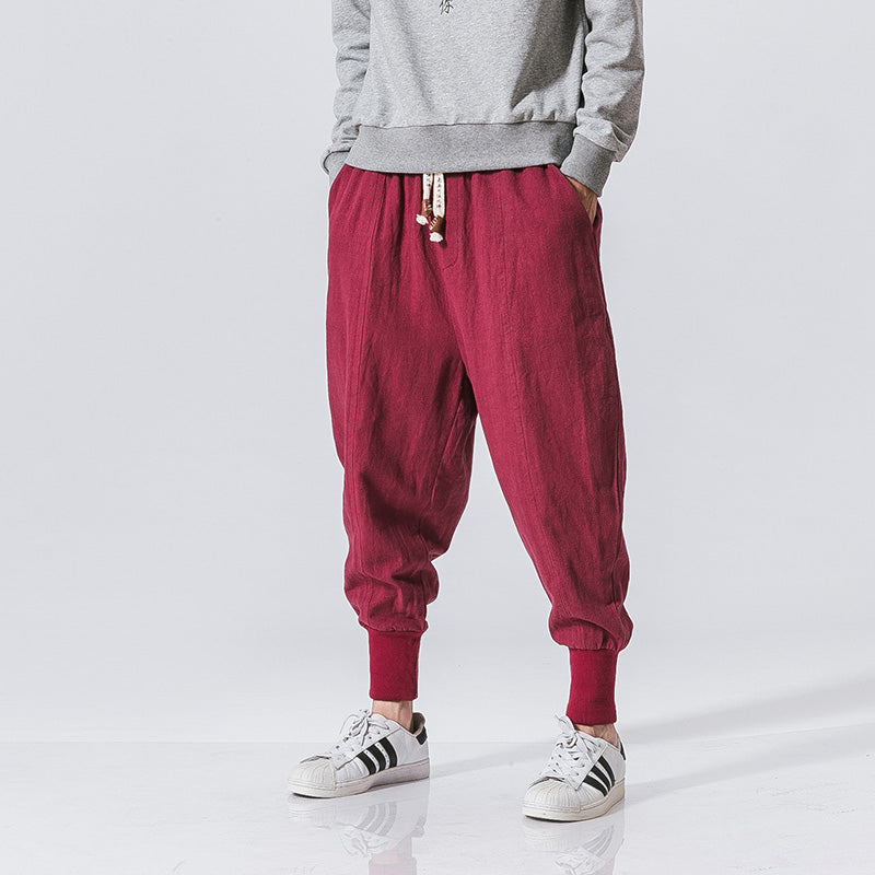 Pantalon sarouel en coton et lin pour homme style hip-hop