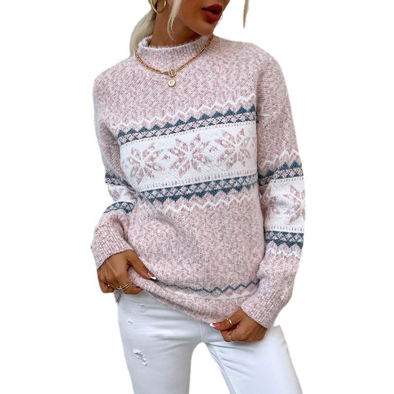 Suéter de copo de nieve de invierno, jersey de cuello alto medio, tops de punto, ropa navideña para mujer
