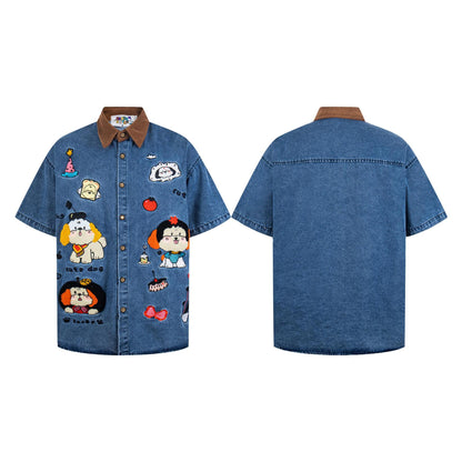 Cute little dog embroidered denim short sleeved shirt