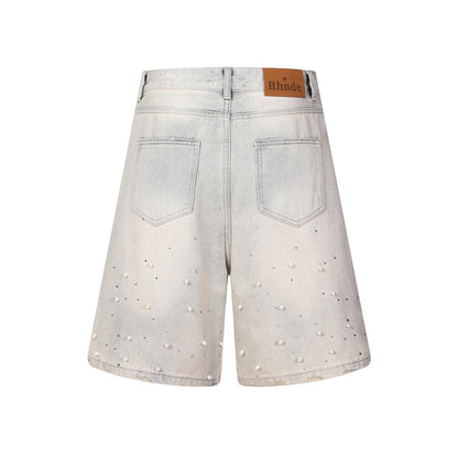 Full printed nail bead hot stamping denim shorts