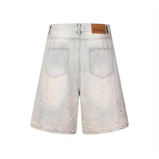 Full printed nail bead hot stamping denim shorts