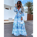 Elegante vestido largo de mujer con escote en V, ahuecado, manga larga, estampado de plantas, primavera verano