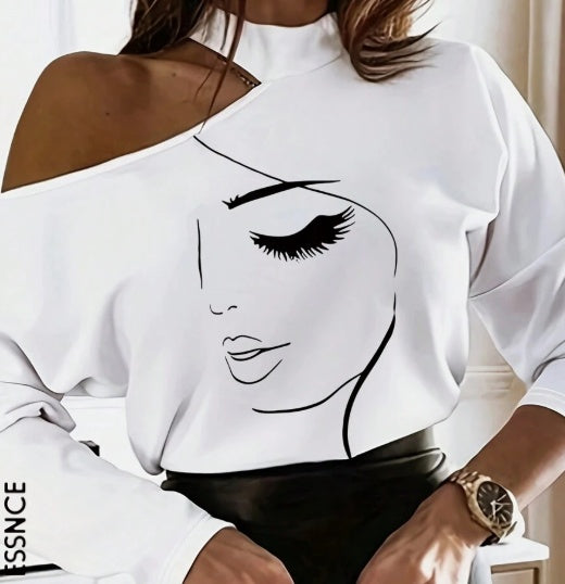Women's White Long Sleeve T-Shirt With Cartoon Line Pattern & Open Shoulder Design Graphic Tees Women Tops For Spring Outfit