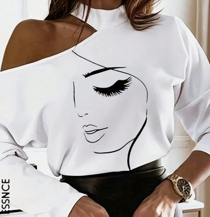 Women's White Long Sleeve T-Shirt With Cartoon Line Pattern & Open Shoulder Design Graphic Tees Women Tops For Spring Outfit