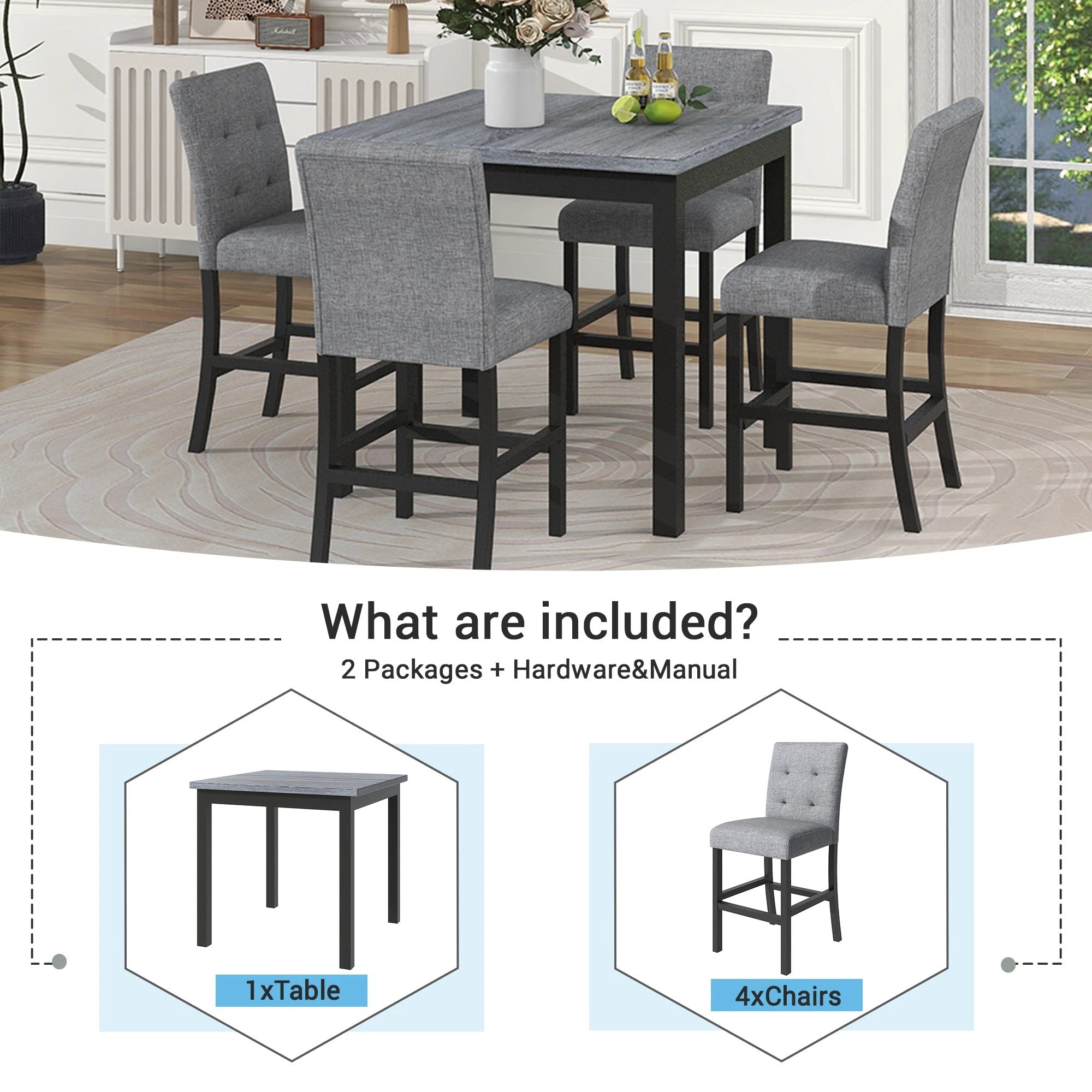 TOPMAX 5-piece cabinet dining table set, wooden square dining table and chairs, and 4 soft cushioned high back chairs in black by eprolo
