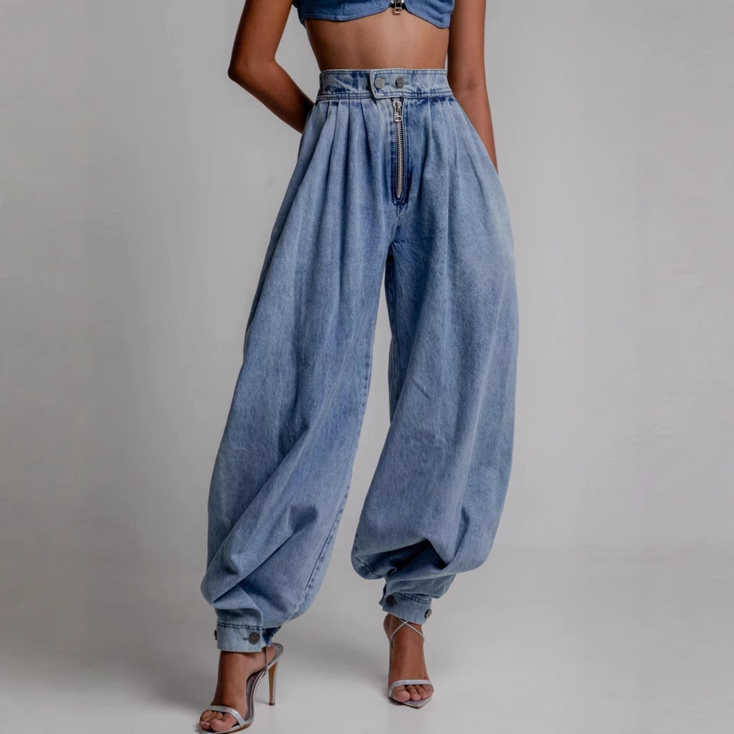 Pantalon Sarouel en Jean Ample Taille Haute avec Fermeture Éclair