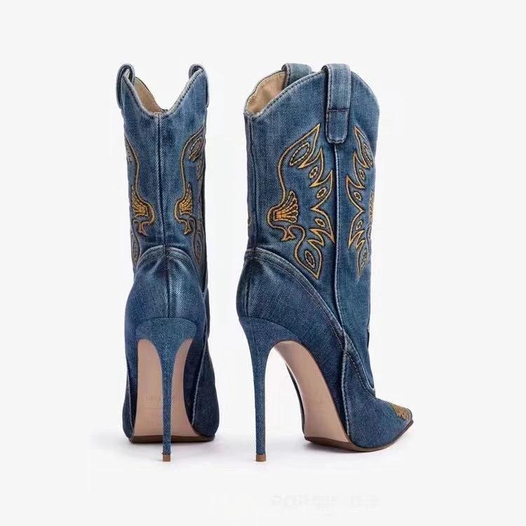Western cowboy style high heels, pointed high heels, embroidered short tube, slim and sexy knight boots, fashion boots for women by eprolo