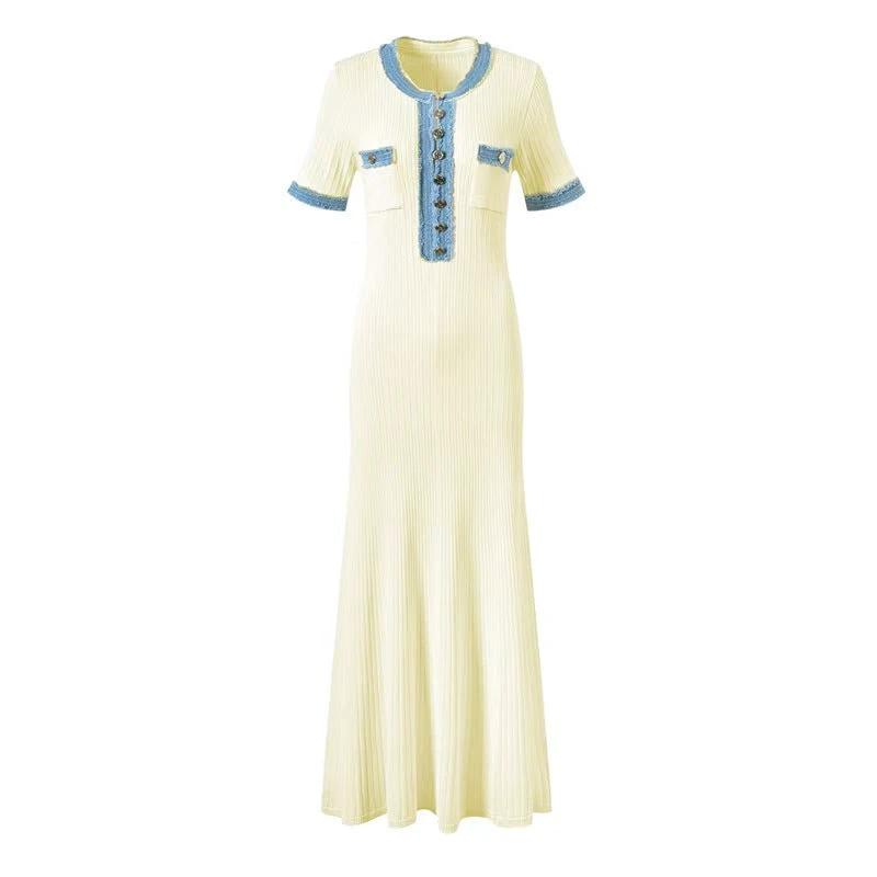 Long Sleeve Knit Dress with V-Neck, Fitted Waist, Denim Ribbed Pattern by eprolo