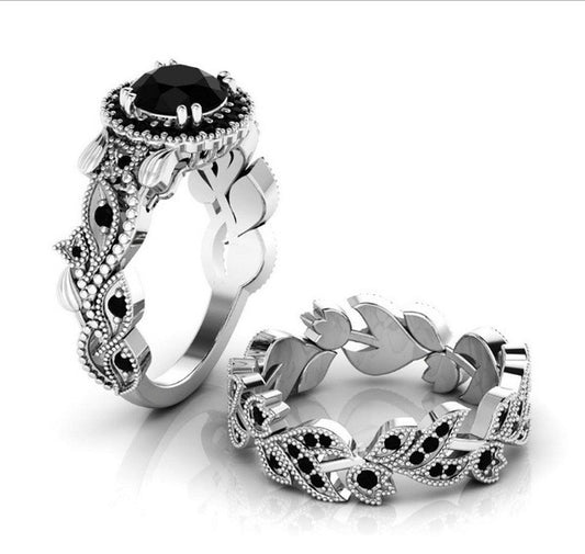 Ensemble de feuilles florales or rose orné de zirconium et bague assortie