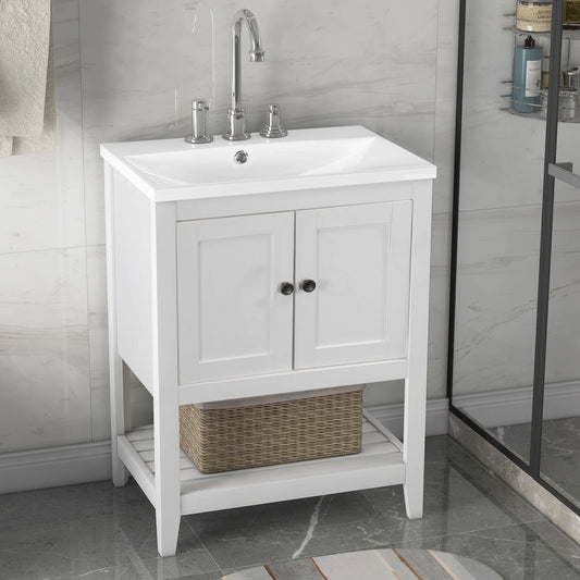 24" White Modern Sleek Bathroom Vanity Elegant Ceramic Sink with Solid Wood Frame Open Style Shelf by eprolo