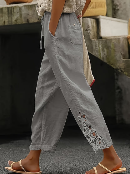 Pantalon droit décontracté en dentelle avec cordon de serrage pour femme