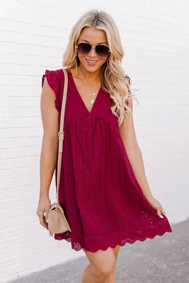 Vestido de playa con cuello en V, sin mangas, con jacquard calado y encaje con bolsillos para verano