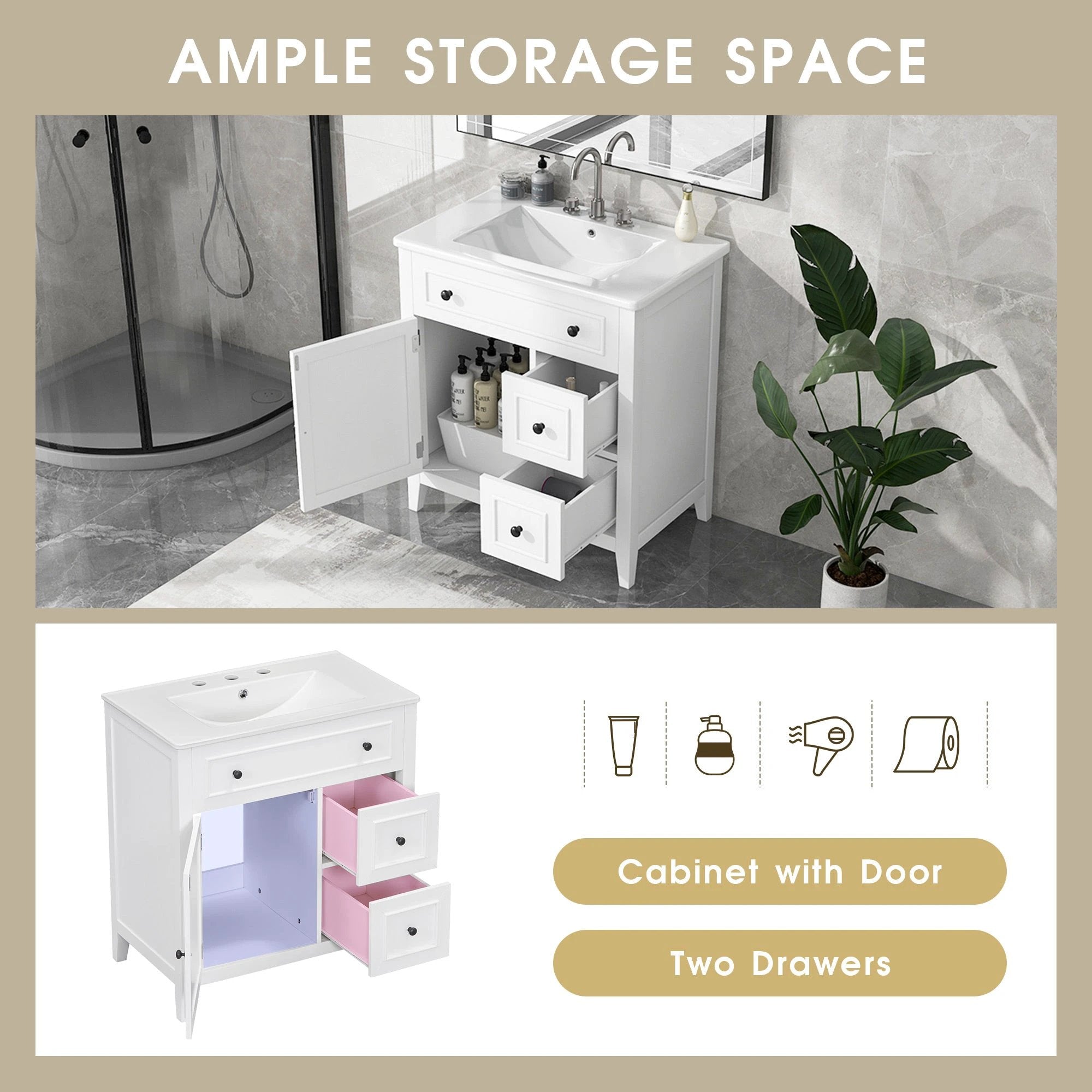 30" Bathroom Vanity with Sink Top, Bathroom Vanity Cabinet with Door and Two Drawers, Solid Wood Frame, One Package, White by eprolo