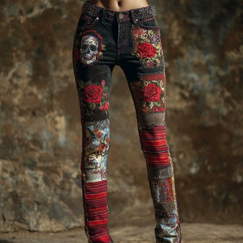 Pantalon en faux jean fleuri et coloré pour femme