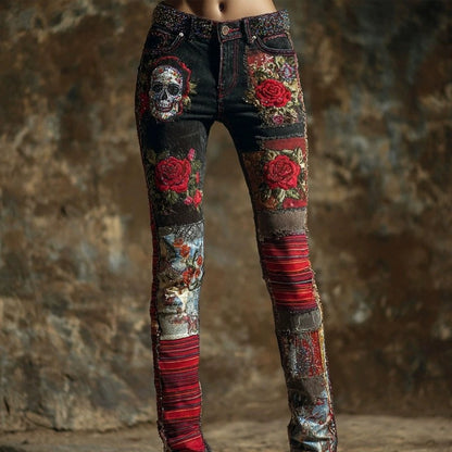 Pantalon en faux jean fleuri et coloré pour femme