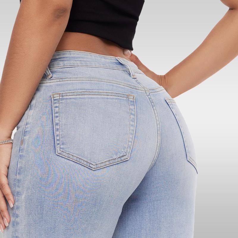 Jeans de mezclilla rectos de pierna ancha, de tiro medio a bajo, alta elasticidad, suaves y levanta glúteos