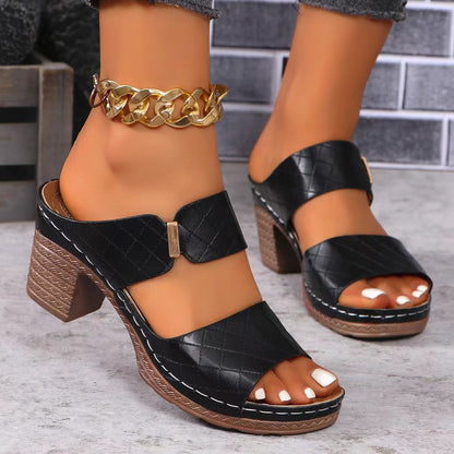 Sandales à talons épais Été Bout rond Carreaux Claquettes Chaussons Mode Talons hauts Chaussures pour femmes