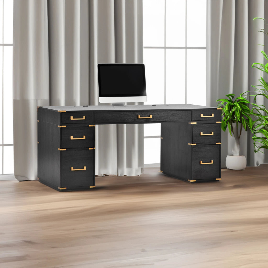 70 inch classic and traditional executive desk with metal trim, writing desk with 2 file drawers, USB ports, and sockets, black by eprolo