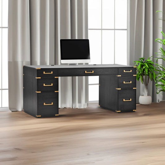 70 inch classic and traditional executive desk with metal trim, writing desk with 2 file drawers, USB ports, and sockets, black by eprolo