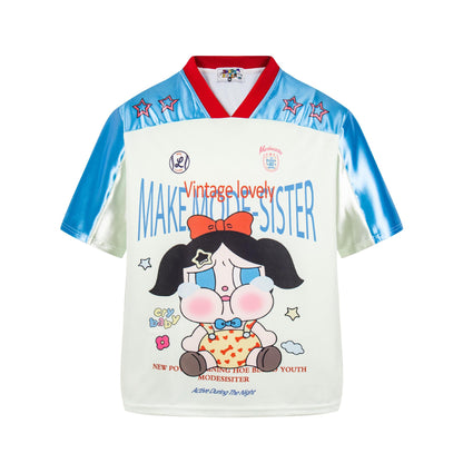 V-neck cartoon printed short sleeved shirt