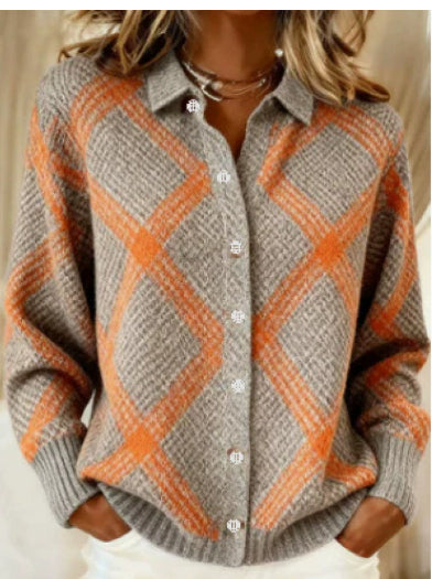 Pull à revers imprimé, décontracté, à manches longues, boutonné, tricoté pour femme