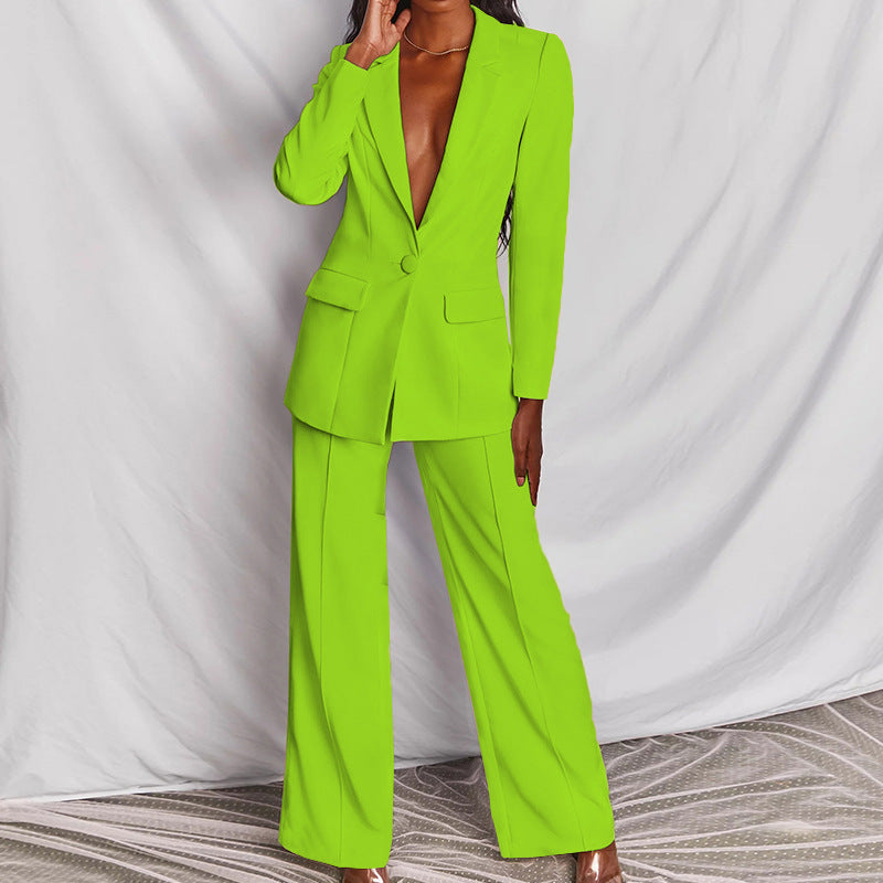 Traje casual de 2 piezas, chaqueta tipo blazer con solapa y botones, y pantalones de pierna recta. Conjunto de ropa de oficina para negocios y traslados.
