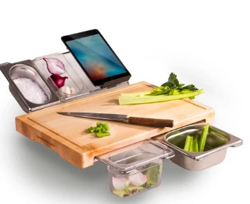 Planche à découper de cuisine en bambou avec bacs de rangement, multifonctionnelle, lisse et pratique pour les fruits et la viande