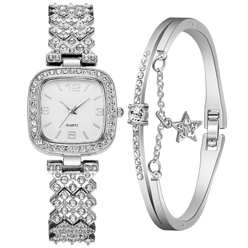 Juego de dos piezas de pulsera y reloj de diamante para mujer