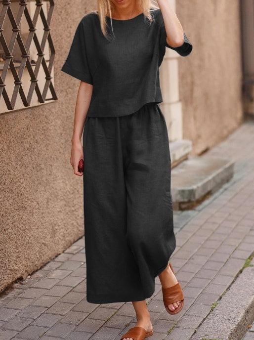 Traje de dos piezas de lino informal holgado de color sólido para mujer europea y americana