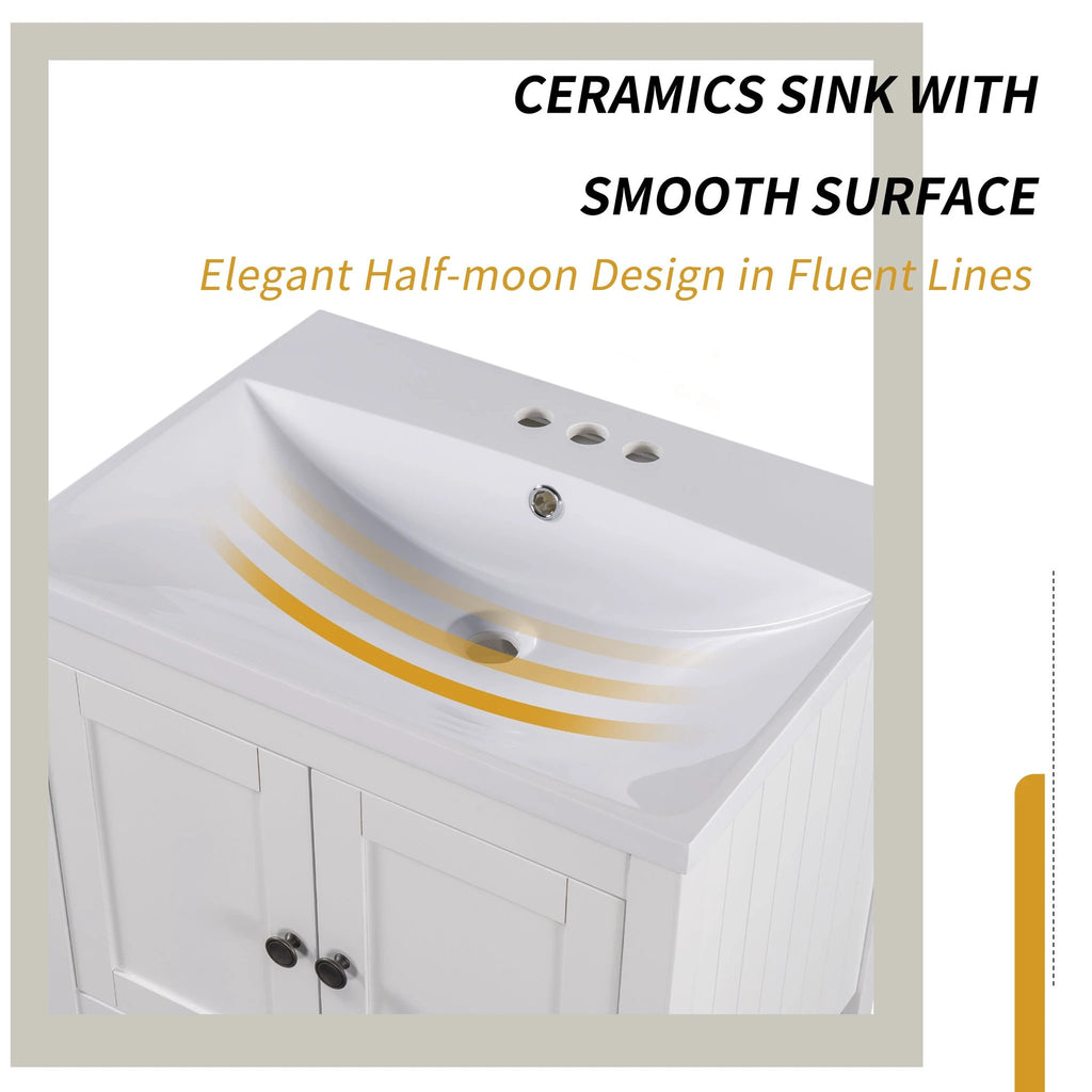 24" White Modern Sleek Bathroom Vanity Elegant Ceramic Sink with Solid Wood Frame Open Style Shelf by eprolo