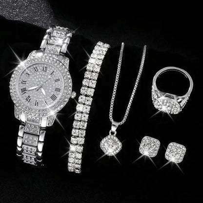 Ensemble de cinq montres-bracelets à quartz romain tendance en diamant pour femme