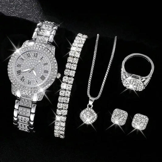 Juego de cinco piezas de reloj de cuarzo romano de moda con diamantes para mujer