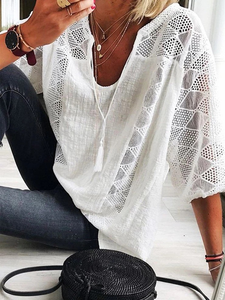 T-shirt Col U Manches 3/4 en Dentelle