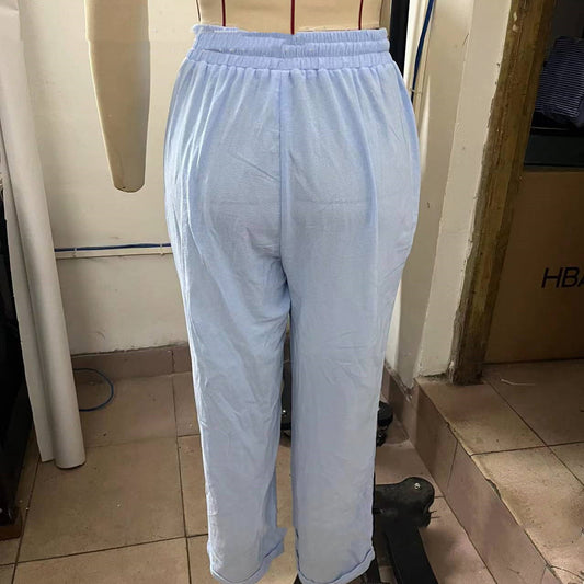 Pantalones de algodón y cáñamo lisos con cintura elástica